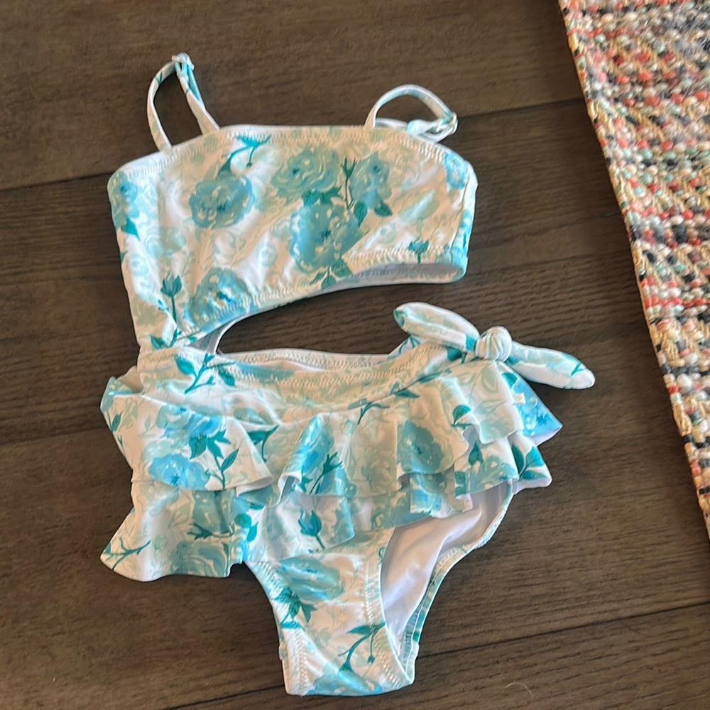 Blue and White Floral Bikini with Ruffled Details